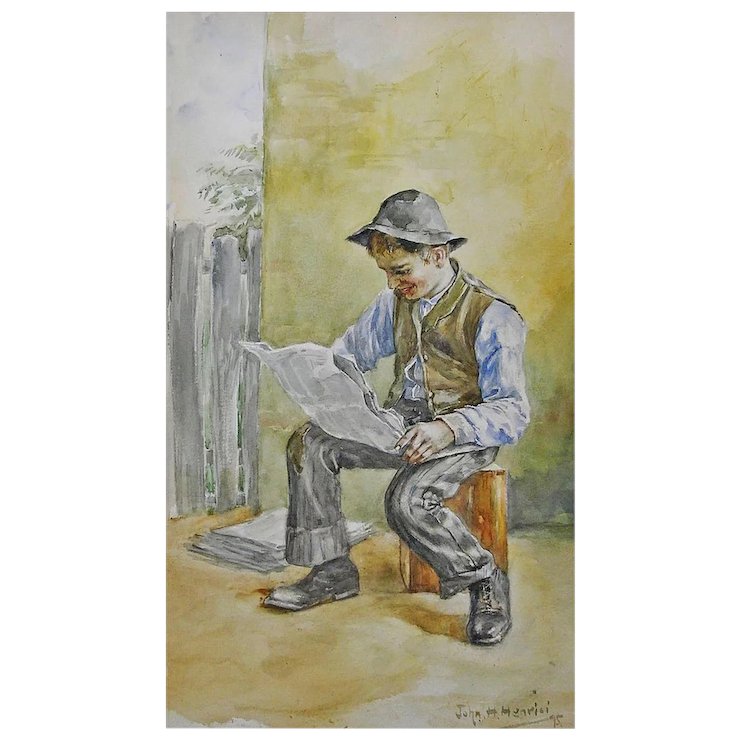 740x740 Original Antique Americana Watercolor Painting Newspaper Boy