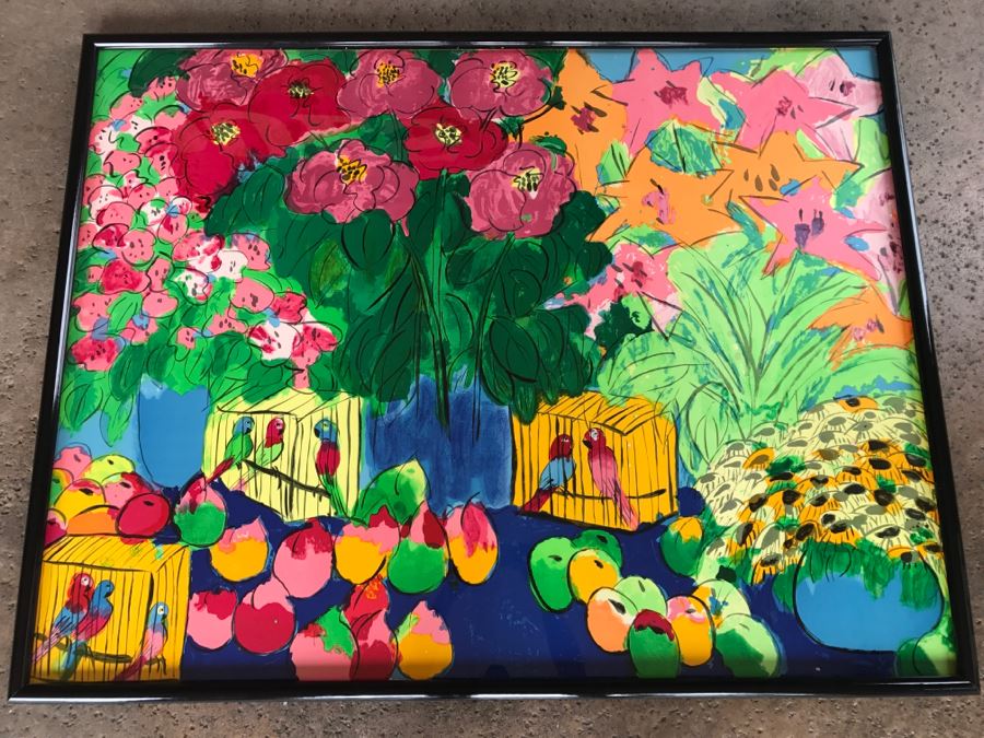 900x675 Walasse Ting Print Framed Flowers And Parrots