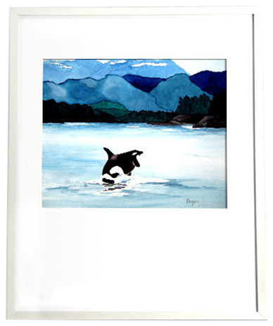 388x464 Watercolor Orca Print, Killer Whale Wildlife Seascape