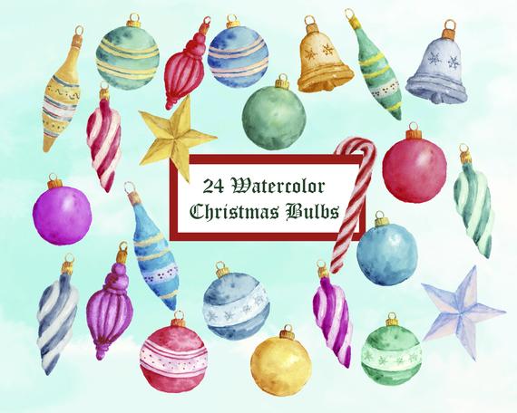 570x456 Watercolor Christmas Bulbs Clipart 24 Christmas Ornaments And Etsy