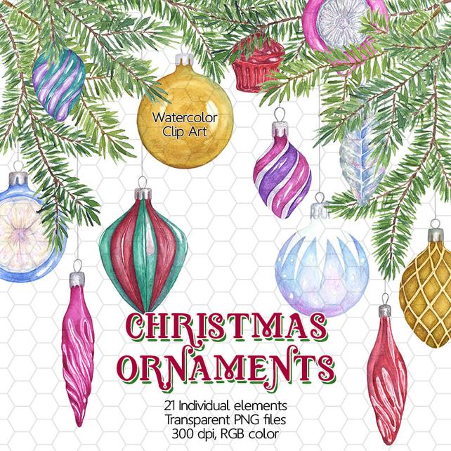 642x642 Watercolor Christmas Ornaments Clip Art Christmas Balls Etsy