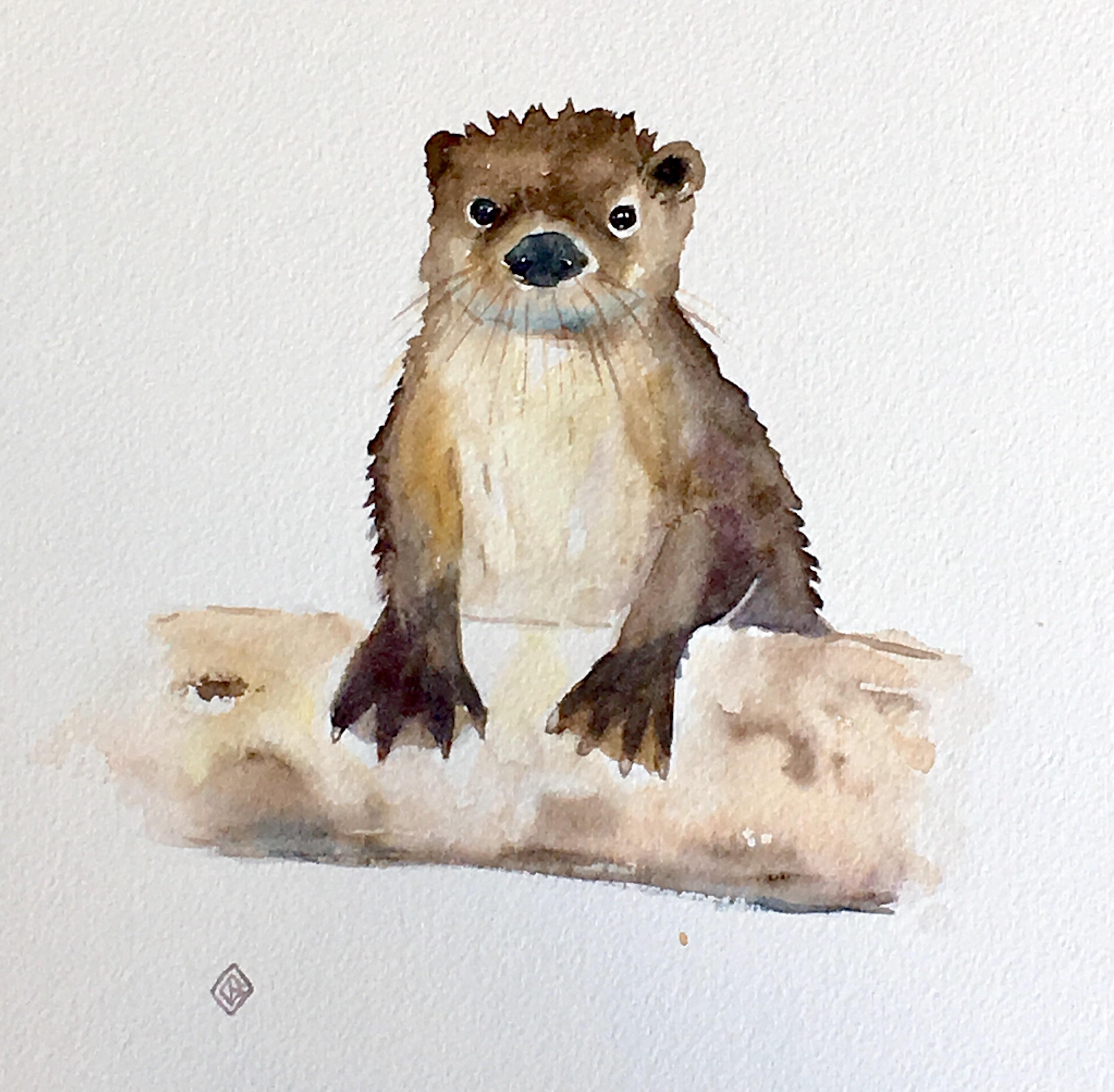 3016x2956 Wet River Otter, Watercolor, 8x8 Inches Art