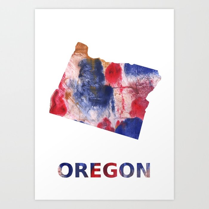 700x700 Oregon Map Outline Red Blue Brown Watercolor Painting Art Print By