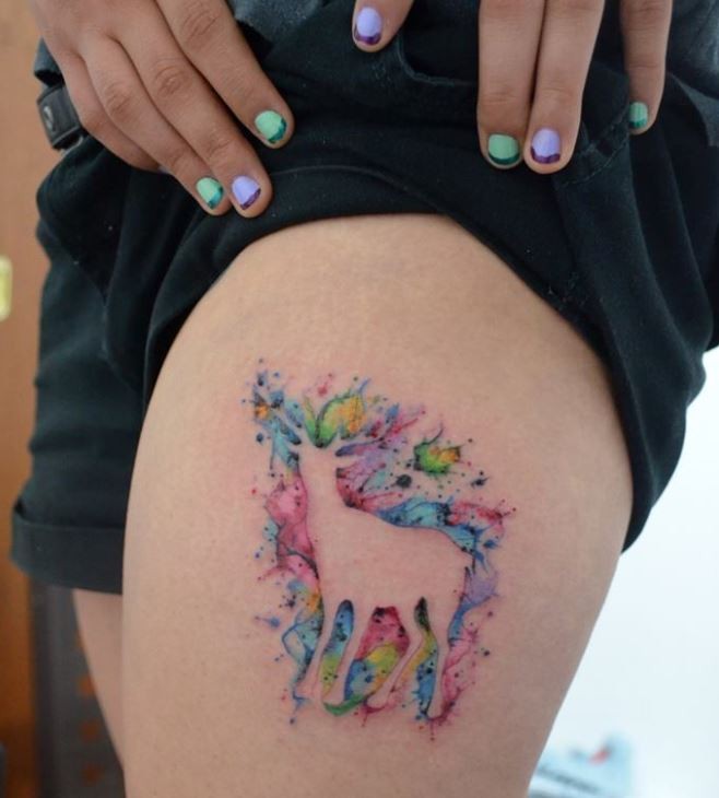 658x730 Watercolor Outline Deer Tattoo On Girl Thigh By Javi Wolf