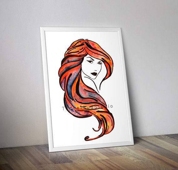 570x545 Woman Outline Red Hair, Watercolor Painting Print, Instant