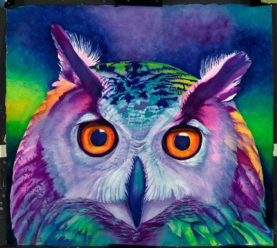 570x510 Hoot Signed Print From Original Watercolor Owl Painting