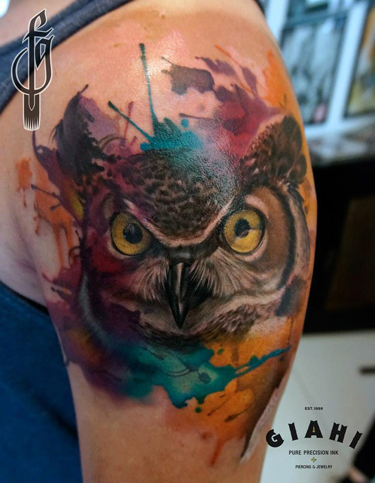 740x952 Wide Eyed Owl Watercolor On Guys Arm Best Tattoo Design Ideas