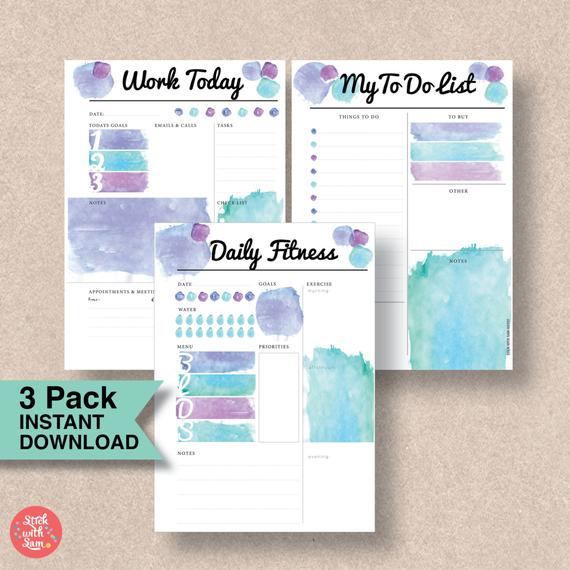 570x570 Printable Insert A5 Daily Planner Watercolor Pack Work Etsy