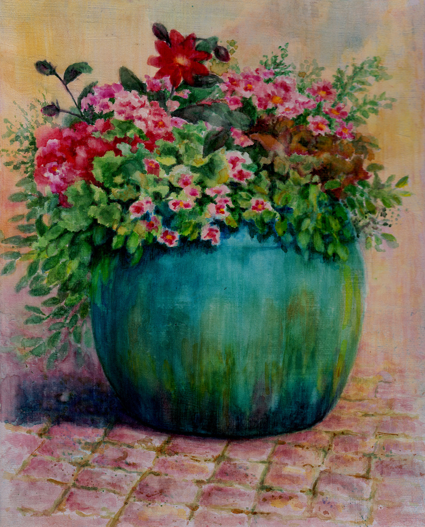 827x1024 Summer Flower Pots Around Langley Watercolor Applied