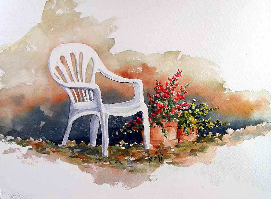 900x660 White Chair With Flower Pots Painting By Sam Sidders