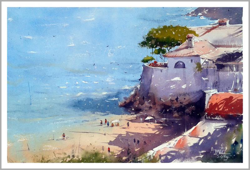 800x544 The Beach By Artist Amit Kapoor Cityscape Art Watercolor Paintings