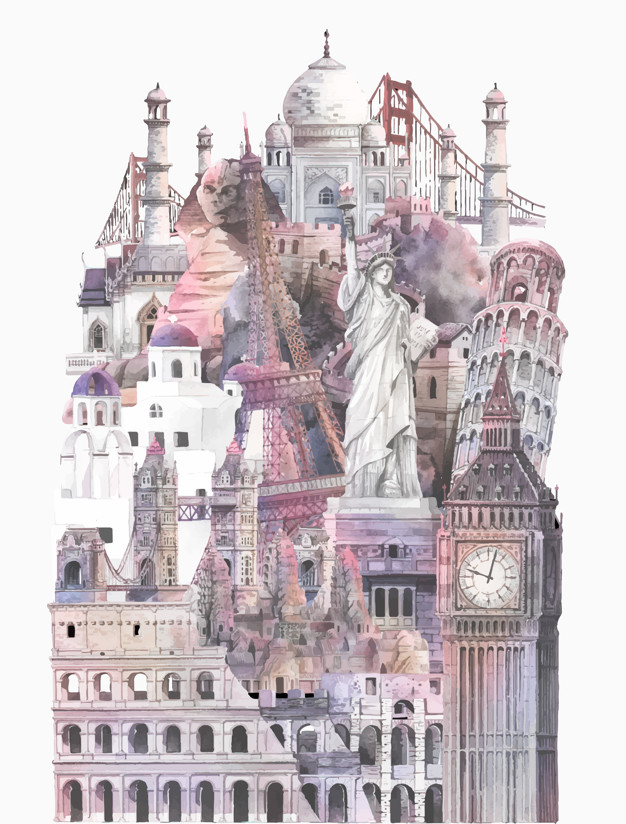 626x824 Collection Of Architectural Landmarks Painted By Watercolor Vector