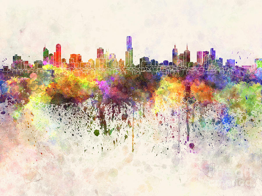 900x675 Melbourne Skyline In Watercolor Background Painting By Pablo Romero
