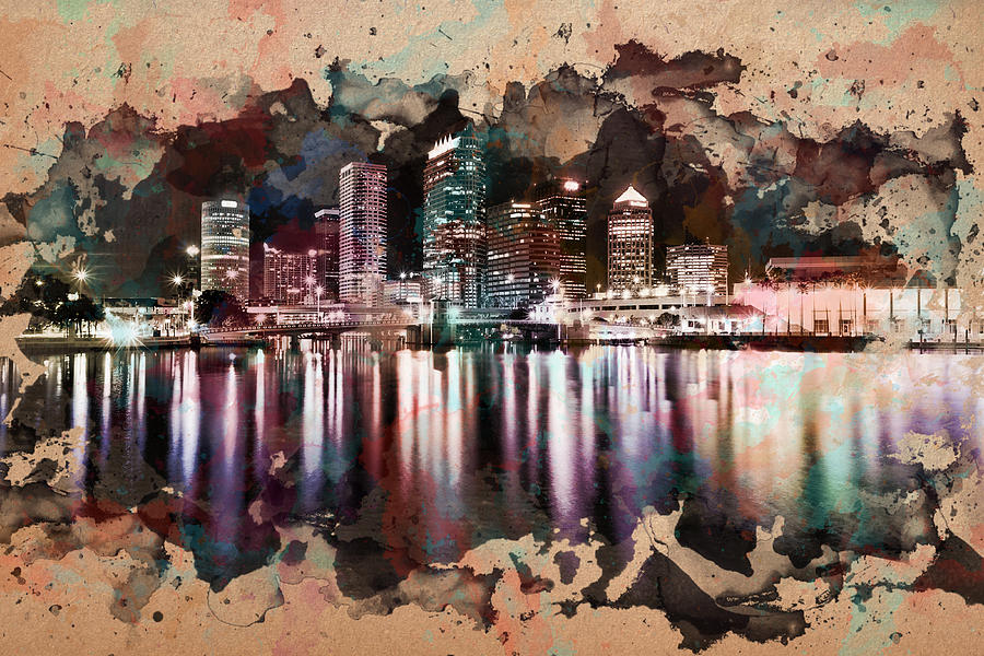 900x600 Night City Reflections Watercolor Painting Painting By Georgeta