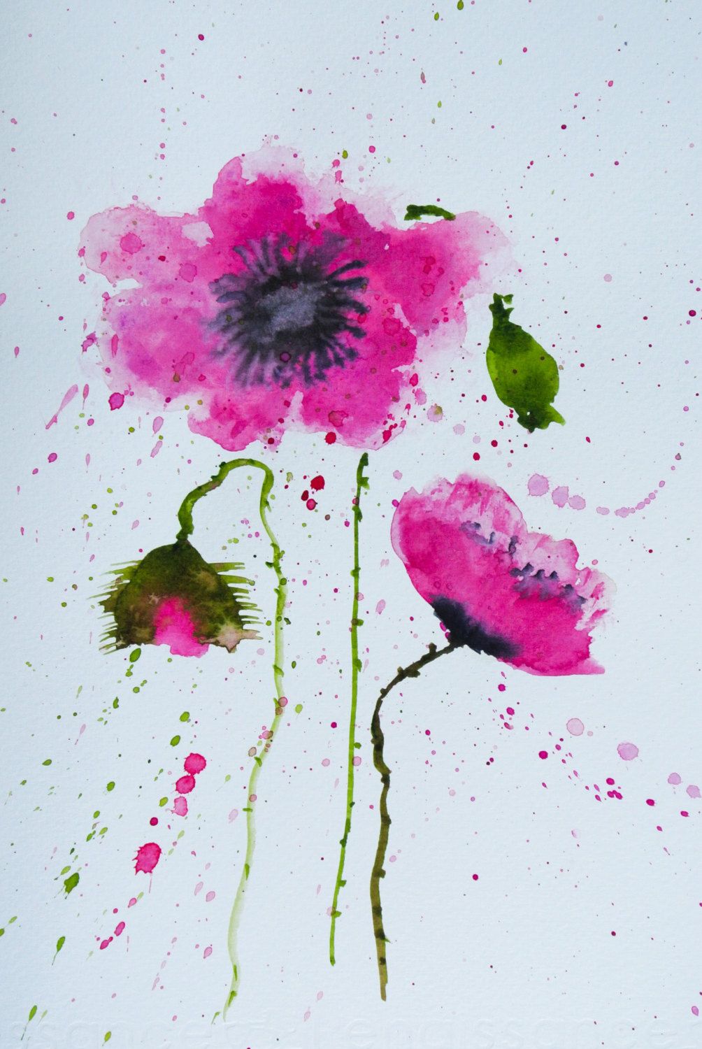 1004x1500 Pink Poppy Flower Original Small Watercolor Painting, Flower