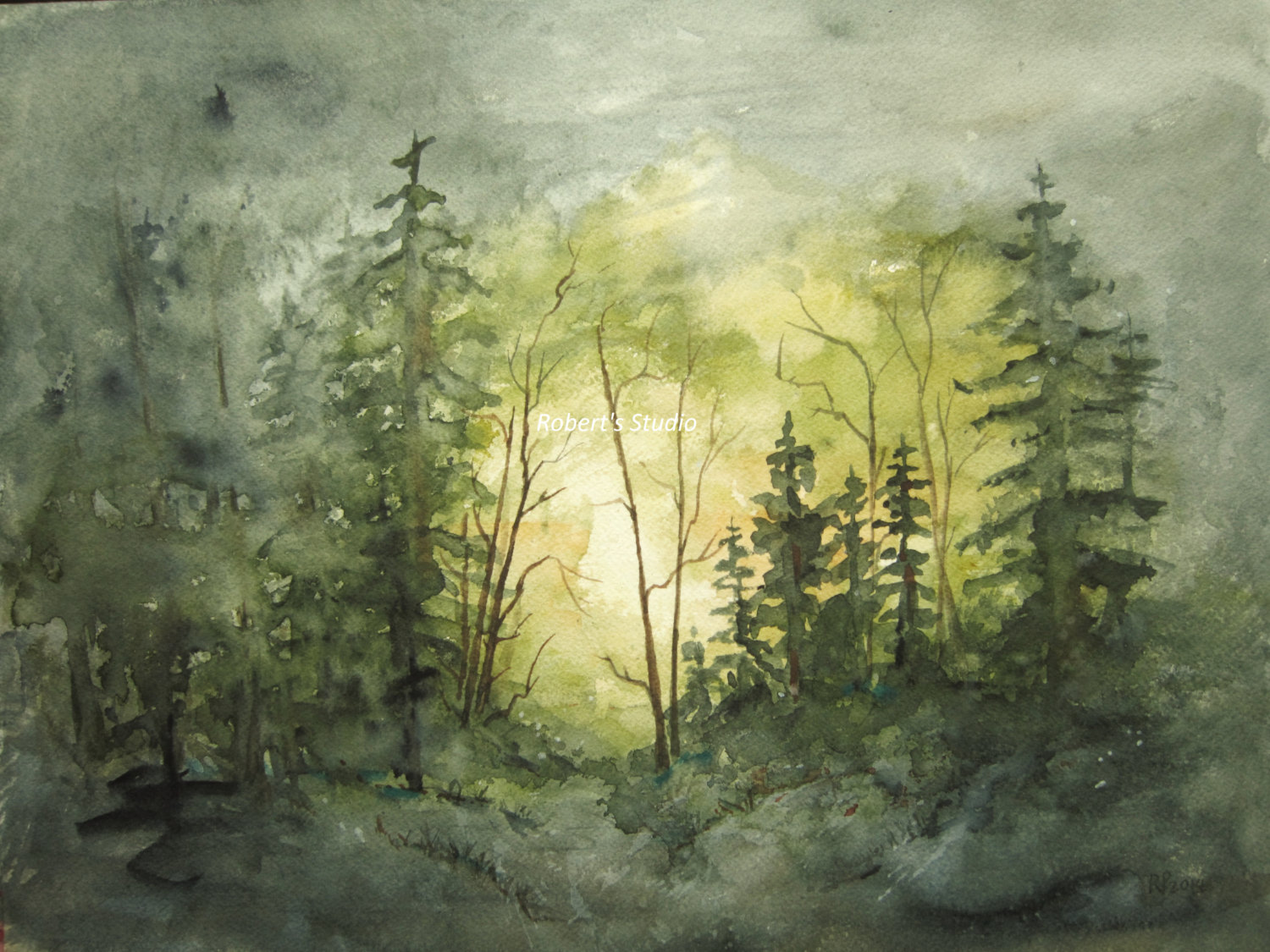 1500x1125 Watercolor Landscape Painting Archival Print Forest Painting Etsy