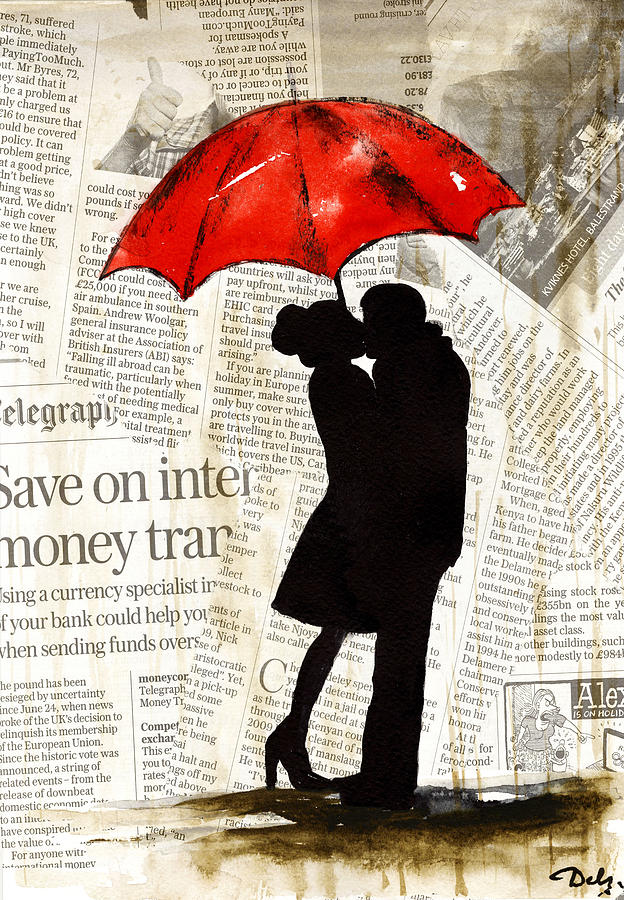 624x900 Love Painting, Red Umbrella Watercolor Painting By Del Art