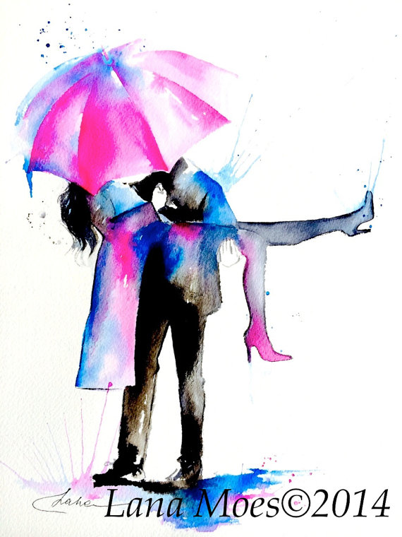 570x760 Love Paris Romance Umbrella Watercolor Painting, Contemporary