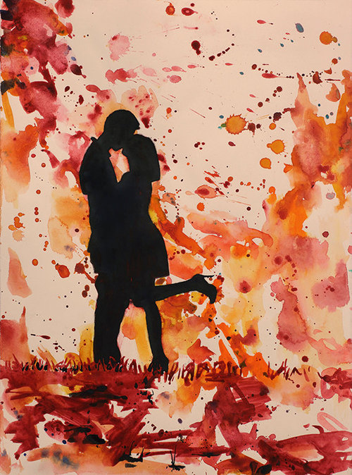500x674 Watercolor Painting Of Silhouette Of Couple Kissing By Rfoxwatercolors