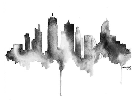 570x428 Watercolor Painting Kansas City Skyline Print Watercolour Wall Etsy
