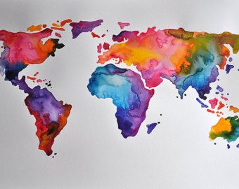 340x270 Original Abstract World Map Watercolor Painting, Colorful World