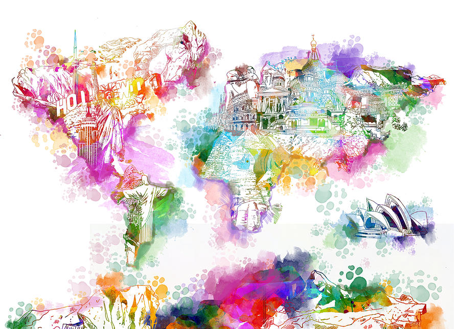 900x644 World Map Watercolor Landmarks Painting By Bekim Art