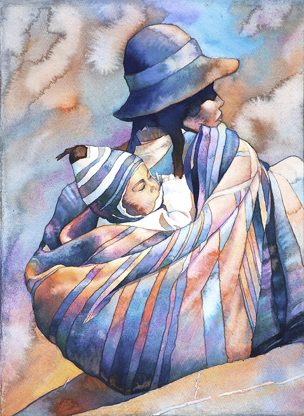 600x821 Peru Woman And Child (Print). Watercolor Painting Of Quechua Woman