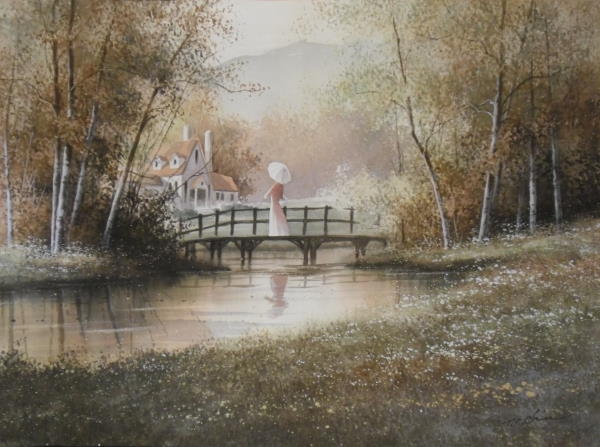 600x447 T.c. Chiu Watercolor Painting Of Woman On A Bridge