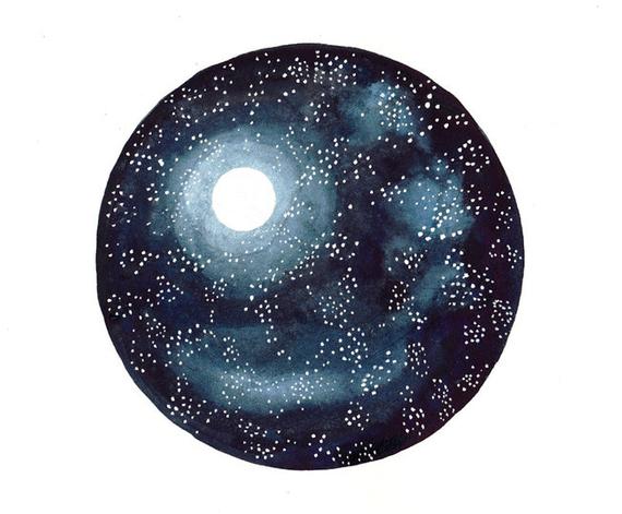 570x471 Original Watercolor Painting Moon And Stars Space Art Galaxy Etsy