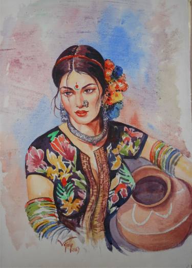 375x523 Indian Woman With Water Pot Painting By Vijay Malhotra Saatchi Art
