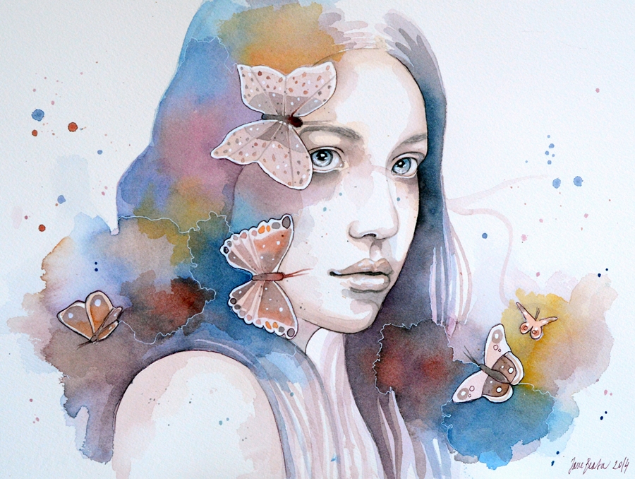 900x678 Lady With A Butterfly, Watercolor Painting By Jane Beata