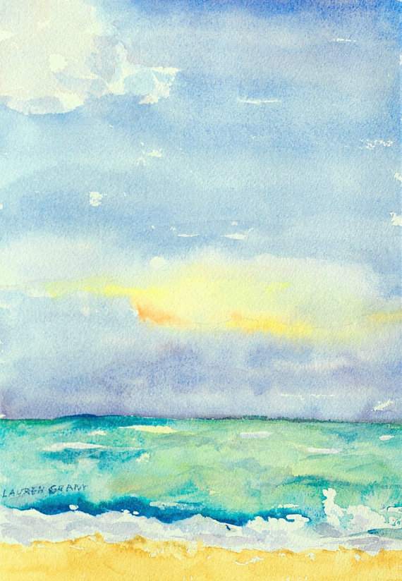 570x824 Watercolor Landscape, Impressionist Beach Scene Ocean And Sky