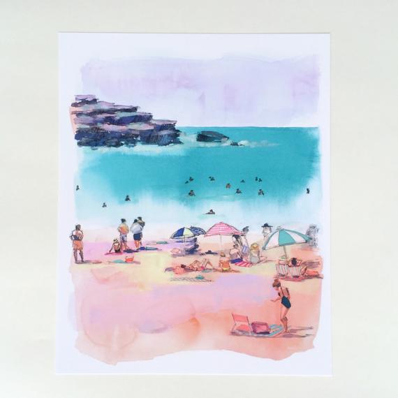 570x570 Bondi Beach In Pink Print. Beach Scene Painting Watercolor Etsy