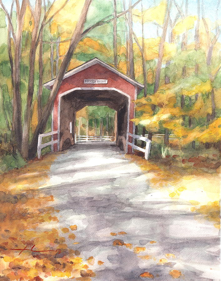 707x900 Covered Bridge Autumn Shadows Watercolor Painting Drawing By Mike