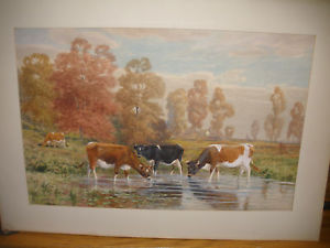300x225 Listed Thomas Bigelow Craig Large Watercolor Painting Of Cows In