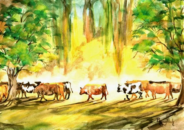 640x452 Phong Trinh Watercolors Cows In The Park, Watercolor Painting