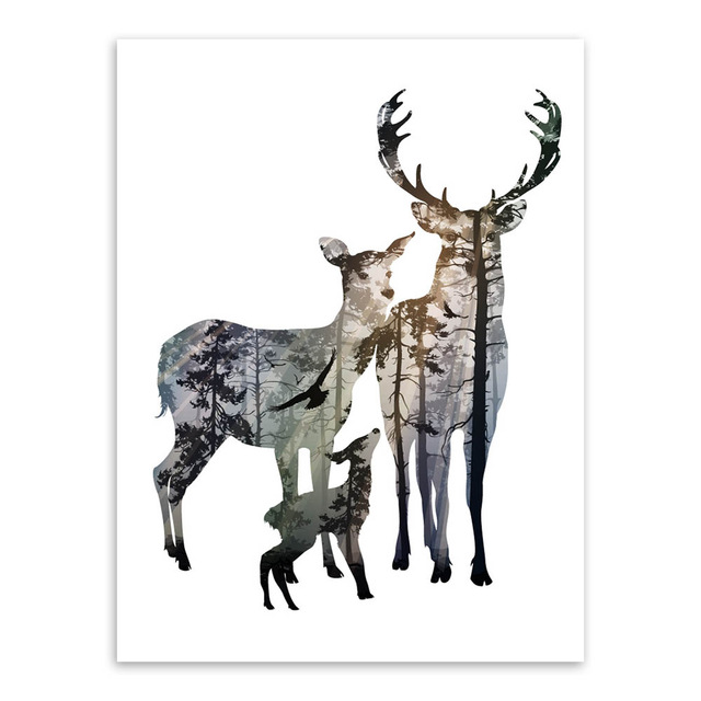 640x640 Modern Silhouette Of Deer Family With Pine Forest Canvas Painting