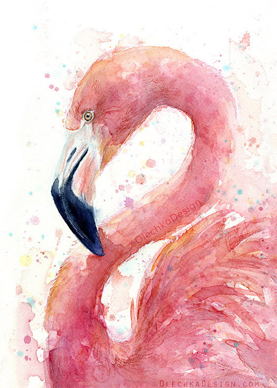 560x784 Pink Flamingo Watercolor Painting Art Print Giclee Bird Animal