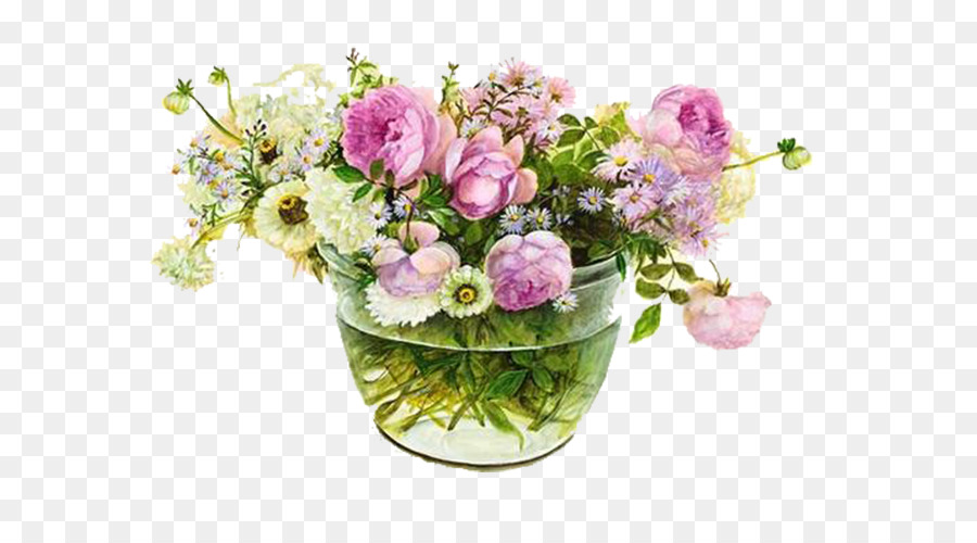 900x500 Garden Roses Vase Flower Bouquet Watercolor Painting