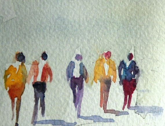 570x436 Watercolor Painting Aceo Original Walking Figures People