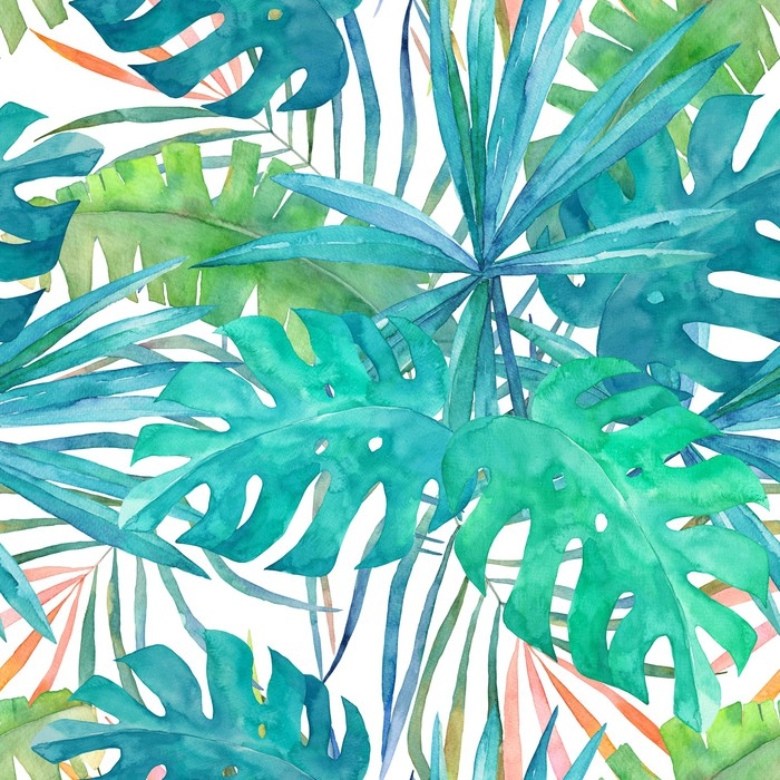 700x700 Summer Seamless Pattern With Watercolor Palm Leaves On White