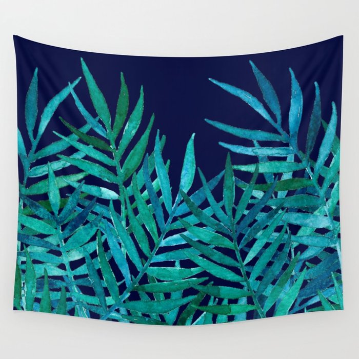 700x700 Watercolor Palm Leaves On Navy Wall Tapestry By Micklyn Society6