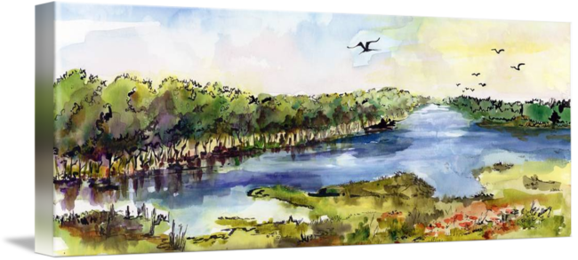 650x293 Summer Landscape River Panorama Watercolor By Ginette Callaway