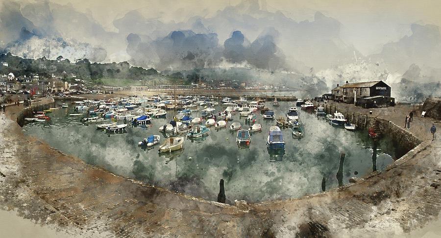 900x486 Watercolor Painting Of Wide Panorama Of Lyme Regis Harbour With