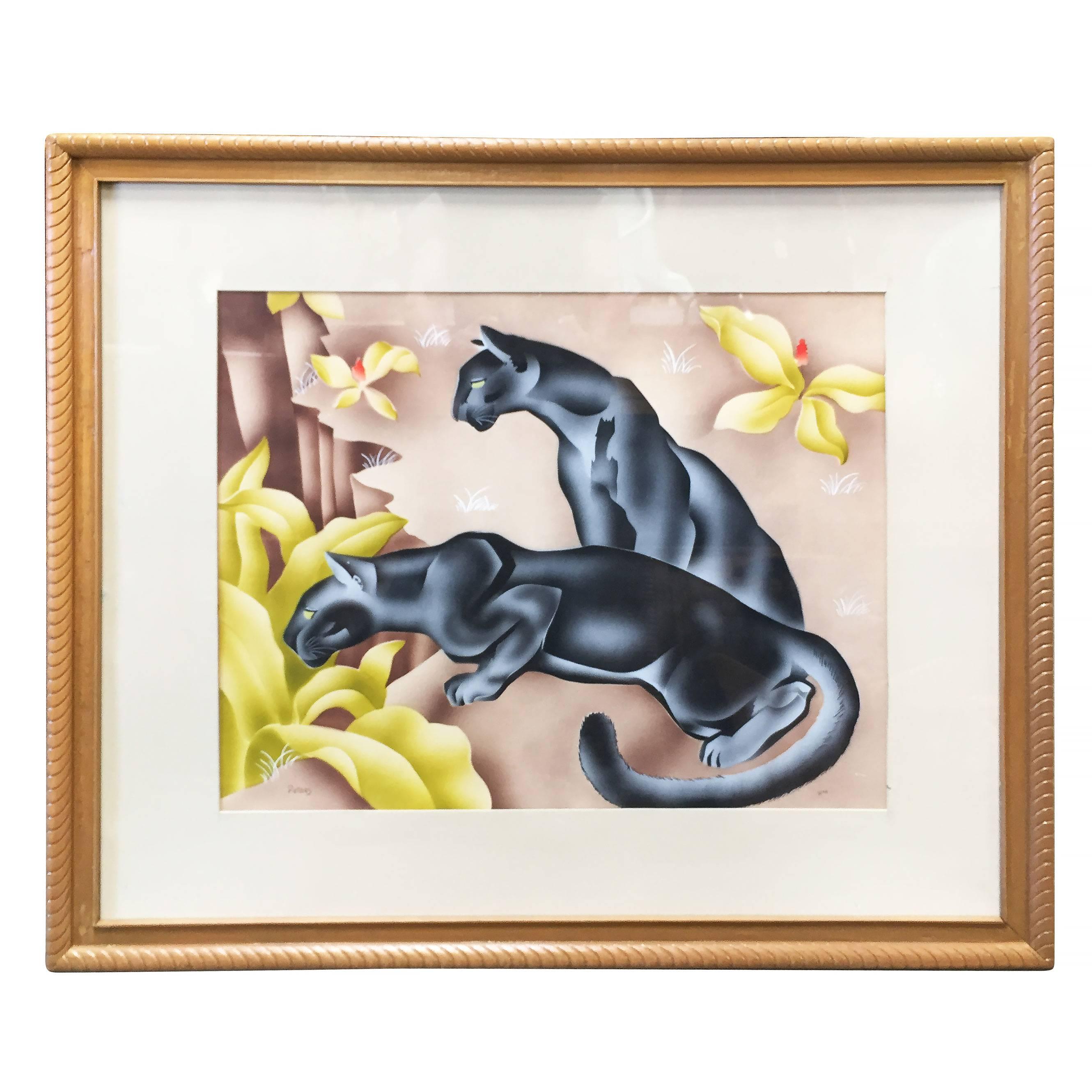2660x2660 Tropical Airbrush Watercolor Panther Painting Signed Peters For