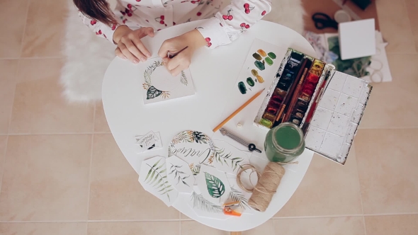 590x332 Girl Drawing With Brush And Watercolor On Paper, Handmade Holiday