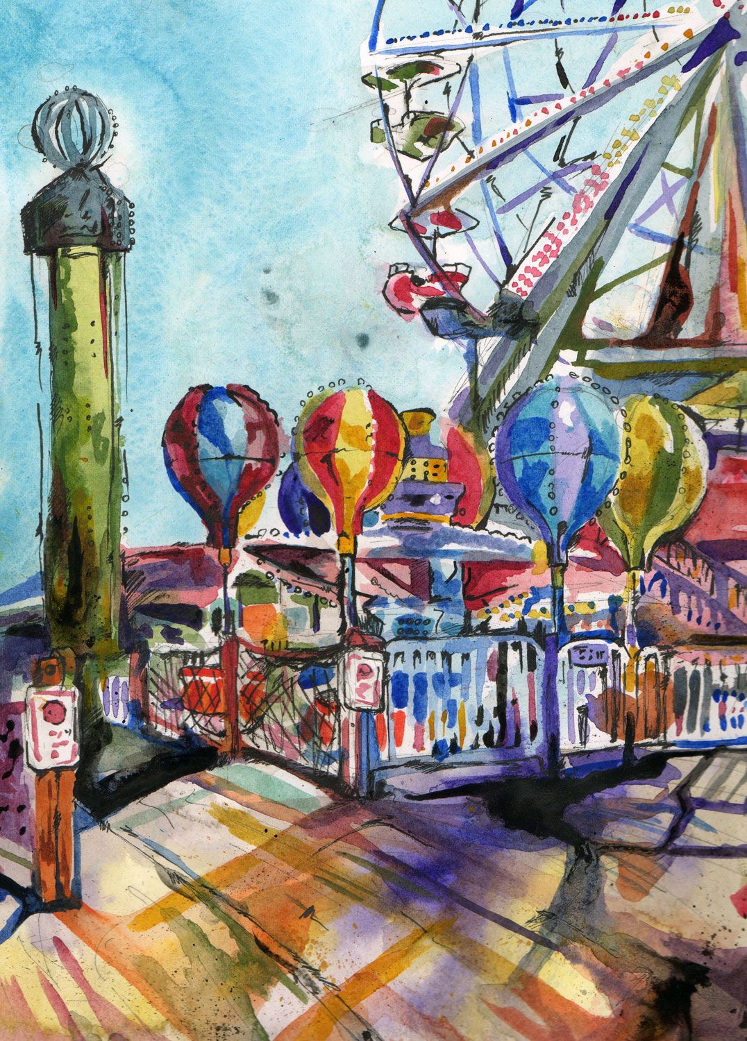 1076x1500 Amusement Park Watercolor Balloon Walk. Watercolor And Ink On