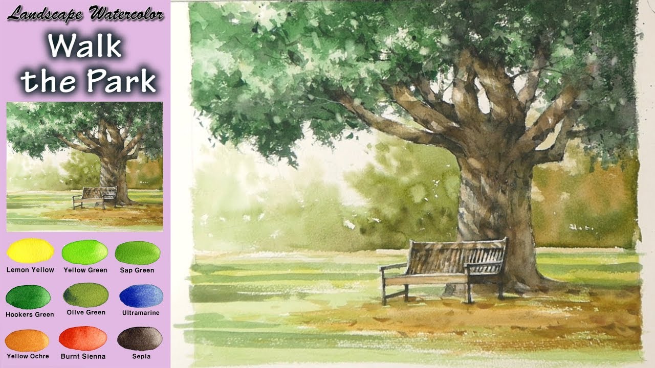 1280x720 Drawing Landscape Watercolor Walk In The Park (Wet In Wet. Arches