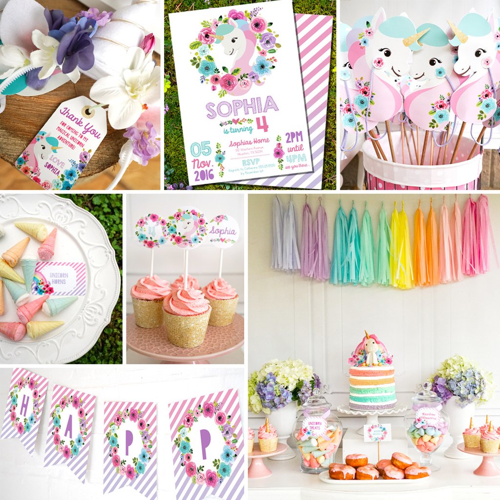 1024x1024 Unicorn Birthday Party Decorations Watercolor Floral Unicorn