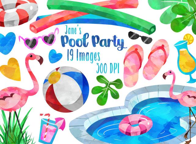 642x473 Watercolor Pool Party Clipart Watercolor Flamingo Download Etsy